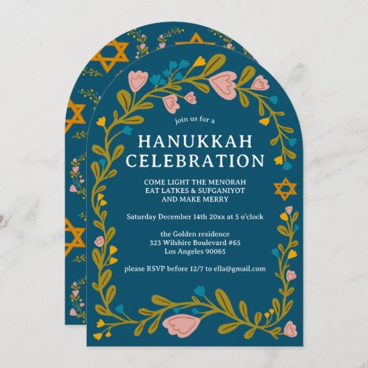 HANUKKAH PARTY Blumenreath Handgezeichnet Custom Einladung (Vorne/Hinten)
