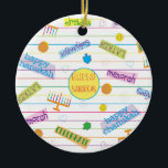 Hanukkah "Party Chanukah" Circle Ornament<br><div class="desc">Hanukka "Party Chanukah" Circle Ornament. (2 Seiten) Personalisieren Sie, indem Sie den Text auf dem Ornament löschen und durch Ihren eigenen ersetzen. Dann geben Sie Ihre eigenen Schriftart mit der gewünschten Farbe, Größe und Stil ein. Die Zirkelform in der Mitte des Ornaments kann auch ausgewechselt oder gelöscht werden. Danke, dass...</div>