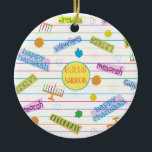 Hanukkah "Party Chanukah" Circle Ornament<br><div class="desc">Hanukka "Party Chanukah" Circle Ornament. (2 Seiten) Personalisieren Sie, indem Sie den Text auf dem Ornament löschen und durch Ihren eigenen ersetzen. Dann geben Sie Ihre eigenen Schriftart mit der gewünschten Farbe, Größe und Stil ein. Die Zirkelform in der Mitte des Ornaments kann auch ausgewechselt oder gelöscht werden. Danke, dass...</div>