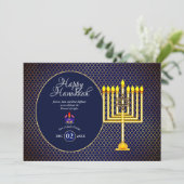 Hanukkah Party Einladung Blue Gold Menorah 3 (Stehend Vorderseite)