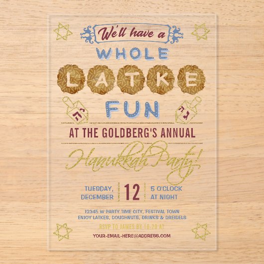 Hanukkah Party Funny | Gesamter Latke Fun Acryleinladungen (Vorderseite)