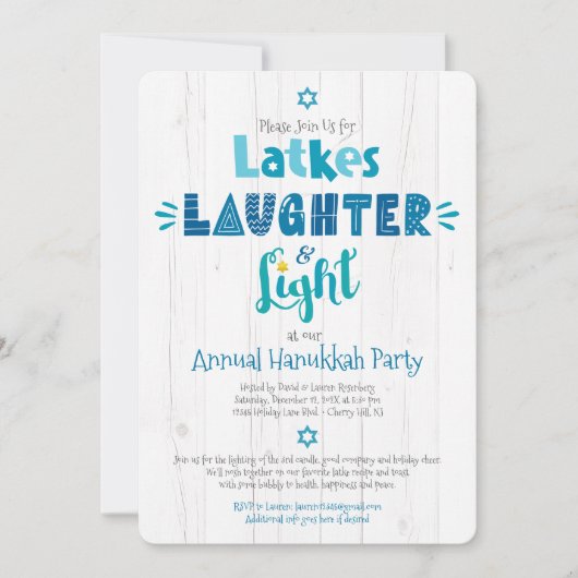 Hanukkah Party Latke Laughter Light Rustikale Mode Einladung (Vorderseite)