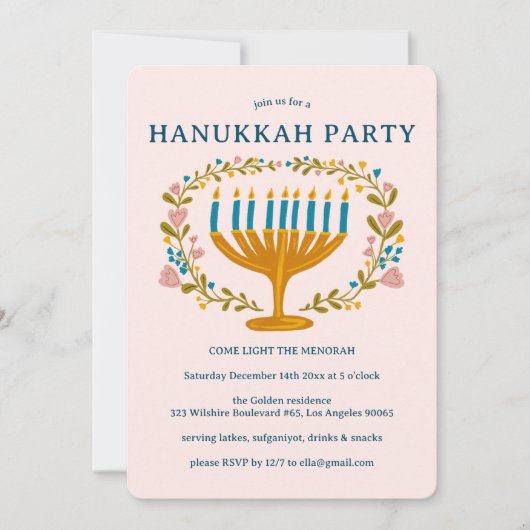 HANUKKAH PARTY Menorah Blumenreath CUSTOH Einladung (Vorderseite)