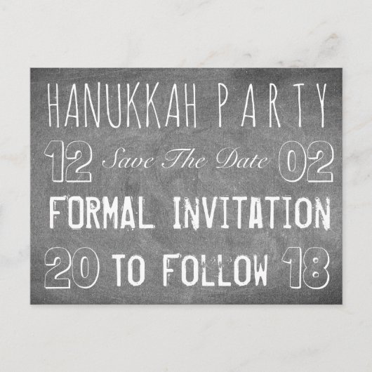 Hanukkah-Party Save the Date Chalkboard-Stil Ankündigungspostkarte (Vorderseite)