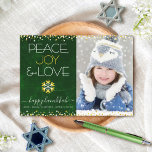 Hanukkah Peace Joy Love Snowflake Green Photo Flat<br><div class="desc">“Peace, joy & love.” A fun, playful, gold foil and white snowflake illustration and modern typography on a rich, deep dark green marble watercolor background help you usher in the Hanukkah season, along with the custom photo of your choice. Faux gold foil and white confetti dots frame the card. Feel...</div>