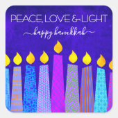 Hanukkah Peace Love Bold Boho Pattern Candles Blue Quadratischer Aufkleber (Vorderseite)