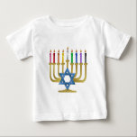 Hanukkah Rainbow Candles Gold Menorah Baby T-shirt<br><div class="desc">You are viewing The Lee Hiller Designs Collection of Home and Office Decor,  Apparel,  Gifts and Collectibles. The Designs inklusive Lee Hiller Fotogray and Mixed Media Digital Art Collection. You can view her Nature fotogray at http://HikeOurPlanet.com/ and follow her hiking blog within Hot Springs National Park.</div>