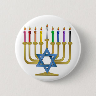 Hanukkah Rainbow Candles Gold Menorah Button