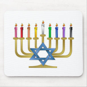 Hanukkah Rainbow Candles Gold Menorah Mousepad