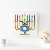 Hanukkah Rainbow Candles Gold Menorah Quadratische Wanduhr (Zuhause)