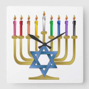 Hanukkah Rainbow Candles Gold Menorah Quadratische Wanduhr