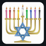 Hanukkah Rainbow Candles Gold Menorah Quadratischer Aufkleber<br><div class="desc">You are viewing The Lee Hiller Designs Collection of Home and Office Decor,  Apparel,  Gifts and Collectibles. The Designs inklusive Lee Hiller Fotogray and Mixed Media Digital Art Collection. You can view her Nature fotogray at http://HikeOurPlanet.com/ and follow her hiking blog within Hot Springs National Park.</div>