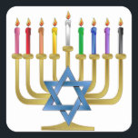 Hanukkah Rainbow Candles Gold Menorah Quadratischer Aufkleber<br><div class="desc">You are viewing The Lee Hiller Designs Collection of Home and Office Decor,  Apparel,  Gifts and Collectibles. The Designs inklusive Lee Hiller Fotogray and Mixed Media Digital Art Collection. You can view her Nature fotogray at http://HikeOurPlanet.com/ and follow her hiking blog within Hot Springs National Park.</div>