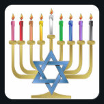 Hanukkah Rainbow Candles Gold Menorah Quadratischer Aufkleber<br><div class="desc">You are viewing The Lee Hiller Designs Collection of Home and Office Decor,  Apparel,  Gifts and Collectibles. The Designs inklusive Lee Hiller Fotogray and Mixed Media Digital Art Collection. You can view her Nature fotogray at http://HikeOurPlanet.com/ and follow her hiking blog within Hot Springs National Park.</div>