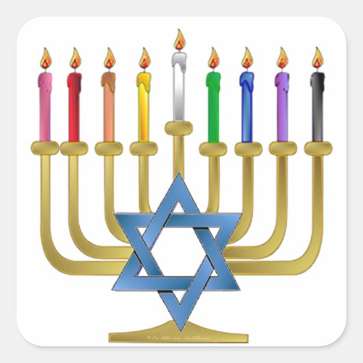Hanukkah Rainbow Candles Gold Menorah Quadratischer Aufkleber (Vorderseite)