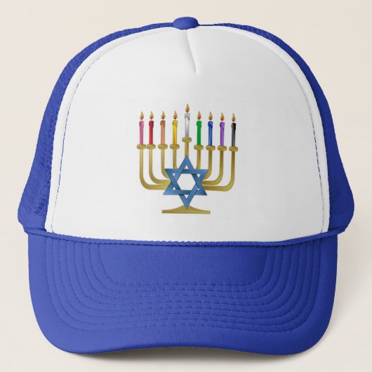 Hanukkah Rainbow Candles Gold Menorah Truckerkappe (Vorderseite)