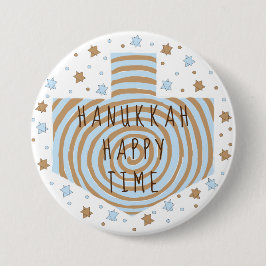 Hanukkah Round Button, Blue/Tan Dreidel Stars Button