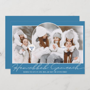 Hanukkah Sameach cool blaues Skript menorah 3 Foto Feiertagskarte