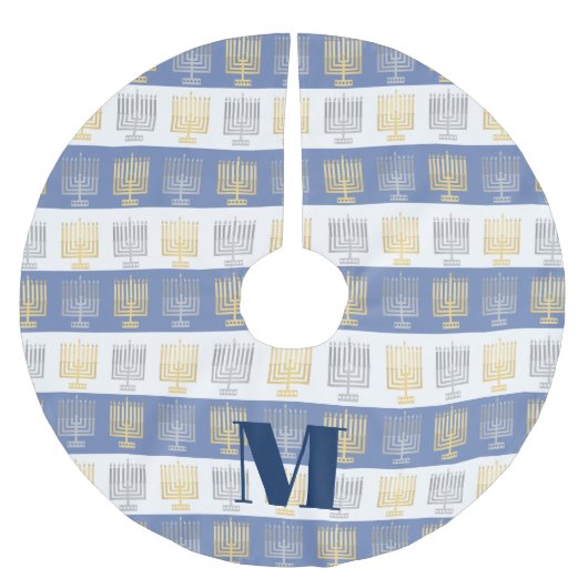 Hanukkah Silver Gold Menorah Optionale Monogramm Polyester Weihnachtsbaumdecke (Vorderseite)