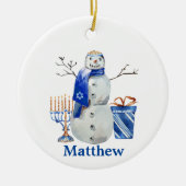 Hanukkah Snowman Blue Personalisierter Name Menora Keramik Ornament (Vorne)