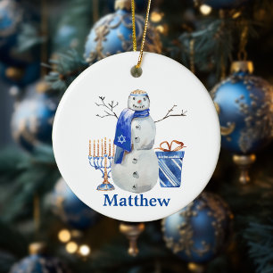 Hanukkah Snowman Blue Personalisierter Name Menora Keramik Ornament