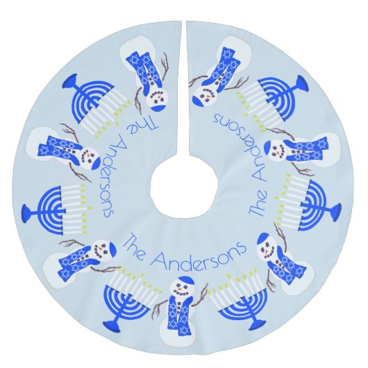 Hanukkah Snowman und Menorah Chrismukka Familie Polyester Weihnachtsbaumdecke (Vorderseite)