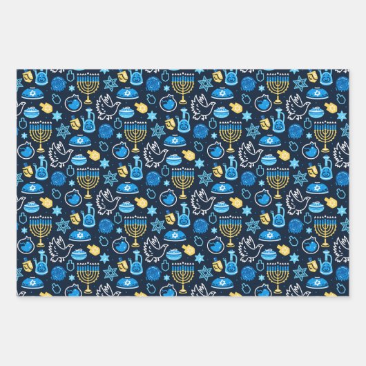 Hanukkah Symbole Blaues Muster Geschenkpapier Set (Vorderseite)