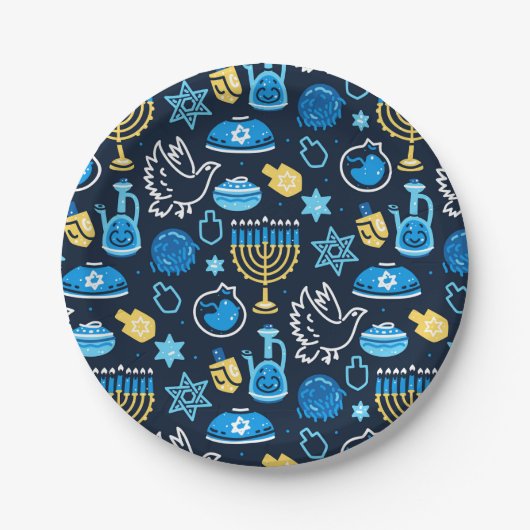 Hanukkah Symbole Blaues Muster Pappteller (Vorderseite)