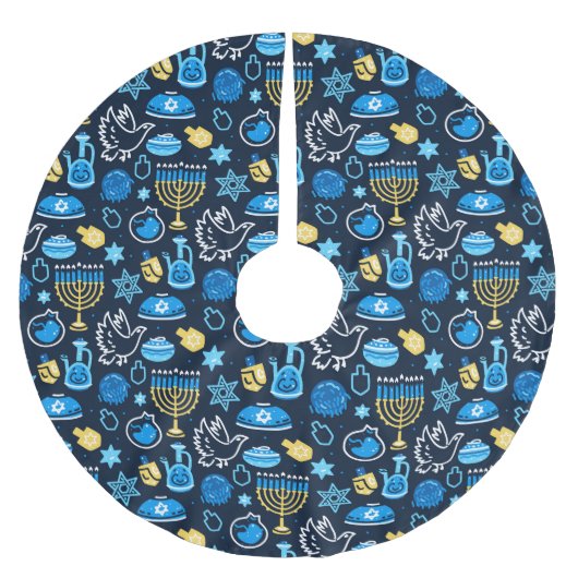 Hanukkah Symbole Blaues Muster Polyester Weihnachtsbaumdecke (Vorderseite)
