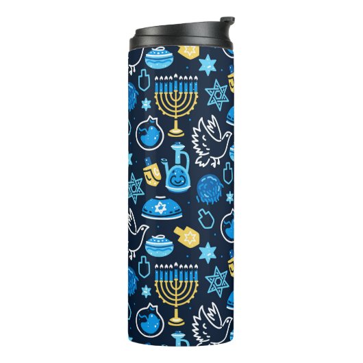 Hanukkah Symbole Blaues Muster Thermosbecher (Nach links gedreht)