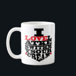 Hanukkah Tasse "I Liebe Latkes"<br><div class="desc">Tasse Hanukkah rot, schwarz und weiß. "Ich Liebe latkes mit meiner sauer Creme" Chanukah Tasse. Persönlich durch Löschen, "Happy Chanukah, Bubbie! Liebe, Amy & Jason", wählen Sie dann Ihre Lieblings-Schriftart Stil, Größe, Farbe und Formulierung, um Ihre Tasse zu personalisieren! Schaffen Sie ein einfaches Geschenk, indem Sie der Tasse ein paar...</div>