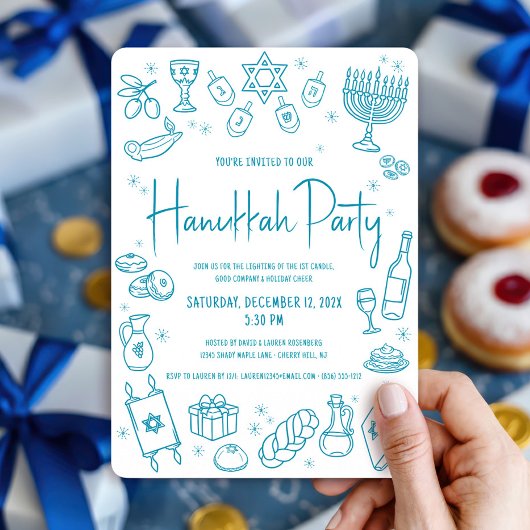 Hanukkah Teal Hand Drawn Doodles Whimsical Party Einladung