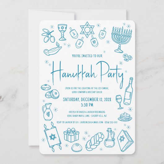 Hanukkah Teal Hand Drawn Doodles Whimsical Playful Einladung (Vorderseite)
