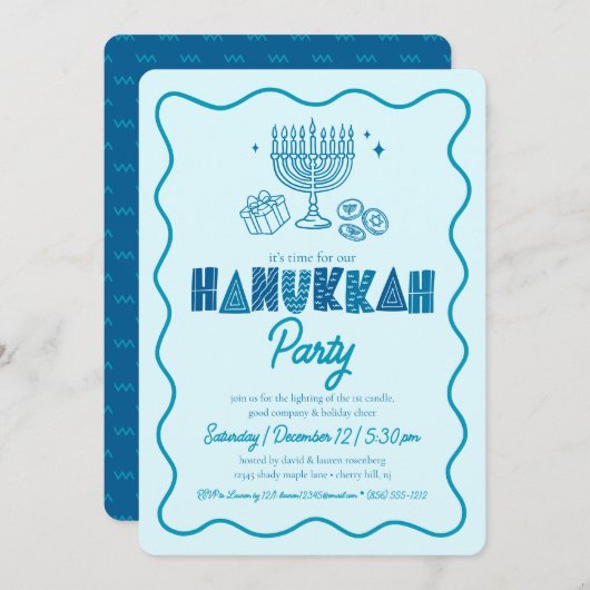 Hanukkah Turquoise Fun Typography Playful Doodles Einladung (Vorne/Hinten)
