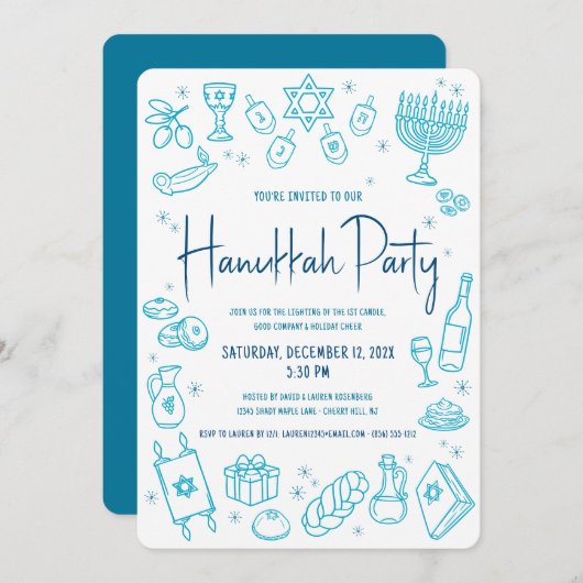 Hanukkah Turquoise Hand Drawn Doodle Playful Party Einladung (Vorne/Hinten)