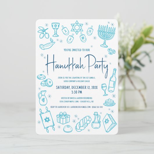 Hanukkah Turquoise Hand Drawn Doodle Playful Party Einladung (Stehend Vorderseite)
