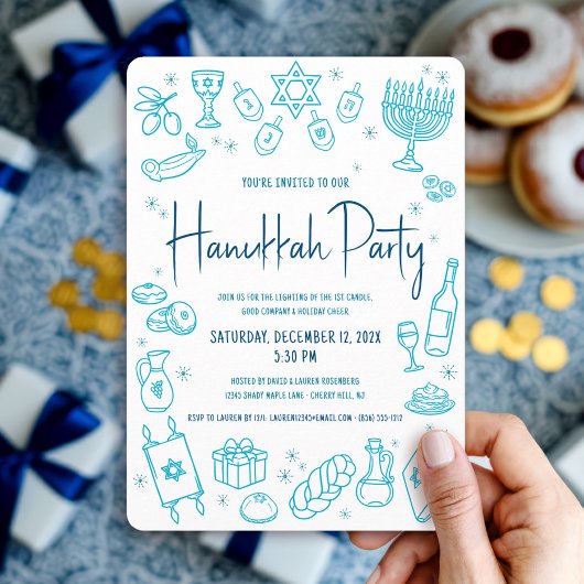 Hanukkah Turquoise Hand Drawn Doodle Playful Party Einladung