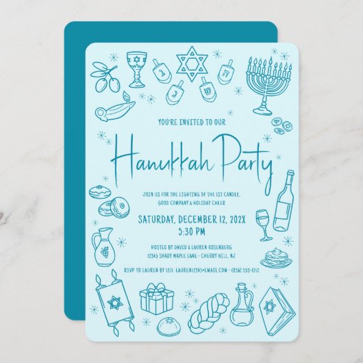 Hanukkah Turquoise Hand Drawn Fun Whimsical Party Einladung (Vorne/Hinten)