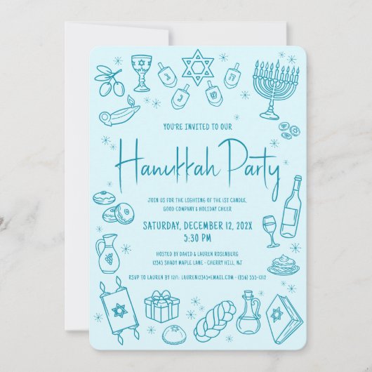 Hanukkah Turquoise Hand Drawn Fun Whimsical Party Einladung (Vorderseite)