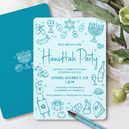 Hanukkah Turquoise Hand Drawn Fun Whimsical Party Einladung