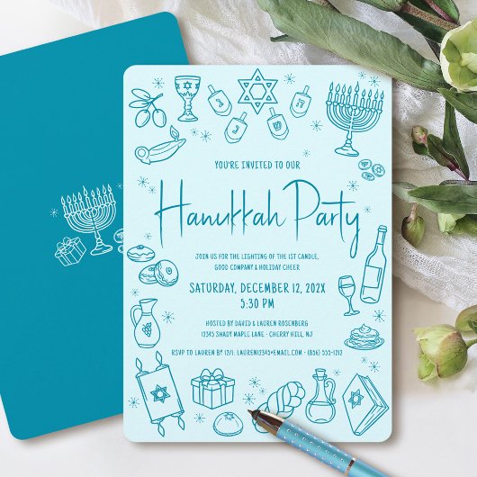 Hanukkah Turquoise Hand Drawn Fun Whimsical Party Einladung