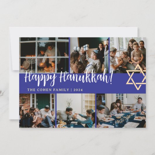 Hanukkah Typografie Blue Family Foto Collage Feiertagskarte (Vorderseite)