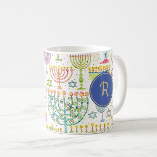 Hanukkah White Gold Menorah Star von David Monogra Kaffeetasse (VorderseiteRechts)