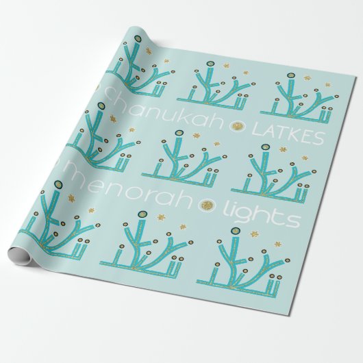 Hanukkah Wrapping Paper "Blue Lights, Latkes" Geschenkpapier (Ungerollt)