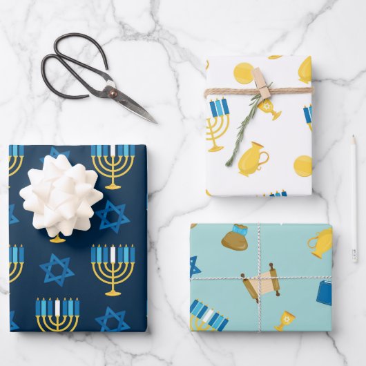 Hanukkah Wrapping Paper Flat Sheet Set 3 Geschenkpapier Set (Vorderseite)