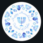 Hanukkiah Happy Hanukkah Jewish Holiday Menorah Runder Aufkleber<br><div class="desc">Hanukkiah-Symbol. Happy Hanukkah Party Jüdischer Urlaub Blue Menorah. Jüdisches Holiday Chanukkah Dekoration mit traditionellem Chanuka Dekorationssymbol - Navy Blue Farbe hanukkiah menorah, Kerzenhalter mit Kerzen, Stern von David und neon blaue Lichter Illustration. Hanukkah Festival der Lichter Event Dekoration. Jerusalem, Israel. Geschenkartikel & Party > Geschenkartikel > Aufkleber & Etiketten. Judaika...</div>
