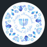 Hanukkiah Happy Hanukkah Jewish Holiday Menorah Runder Aufkleber<br><div class="desc">Hanukkiah-Symbol. Happy Hanukkah Party Jüdischer Urlaub Blue Menorah. Jüdisches Holiday Chanukkah Dekoration mit traditionellem Chanuka Dekorationssymbol - Navy Blue Farbe hanukkiah menorah, Kerzenhalter mit Kerzen, Stern von David und neon blaue Lichter Illustration. Hanukkah Festival der Lichter Event Dekoration. Jerusalem, Israel. Geschenkartikel & Party > Geschenkartikel > Aufkleber & Etiketten. Judaika...</div>