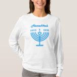 Hanukkiah Happy Hanukkah Jewish Holiday Menorah T-Shirt<br><div class="desc">Hanukkiah-Symbol. Happy Hanukkah Party Jüdischer Urlaub Blue Menorah. Jüdisches Holiday Chanukkah Dekoration mit traditionellem Chanuka Dekorationssymbol - Navy Blue Farbe hanukkiah menorah, Kerzenhalter mit Kerzen, Stern von David und neon blaue Lichter Illustration. Hanukkah Festival der Lichter Event Dekoration. Jerusalem, Israel. Kleidung & Schuhe > Frauen > Kleidung > Tops &...</div>