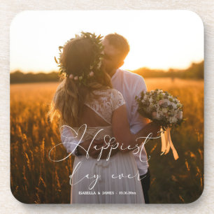 Happiest Day Elegante Kalligrafie Hochzeitsszenari Getränkeuntersetzer
