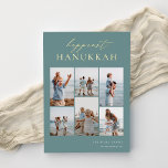 Happiest Hanukkah Elegante 6 Foto Collage Folien Feiertagskarte<br><div class="desc">Freuen Sie sich auf diese modernen Hanukkah-Urlaubskarten,  die 6 Ihrer beliebtesten Fotos in einer Gitterkollektion enthalten. "Happiest Hanukkah" erscheint oben in der Goldfolienhand mit Kalligraphie und klassischen Serifenschriften auf einem staubigen aquamarinen Hintergrund. Personalisieren Sie mit Ihrem Familiennamen und dem Jahr unten rechts.</div>